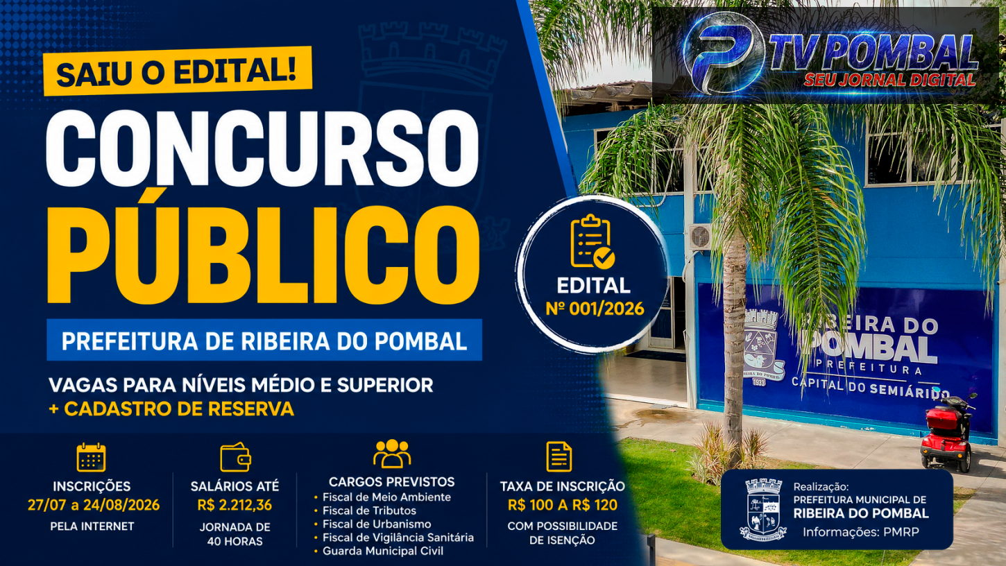 Prefeitura de Ribeira do Pombal publica edital de concurso público com vagas para níveis médio e superior