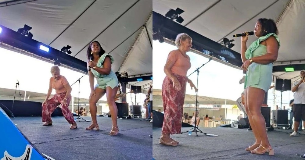 VÍDEO: Aos 87 anos, idosa esbanja simpatia ao dançar em palco de evento em Feira de Santana