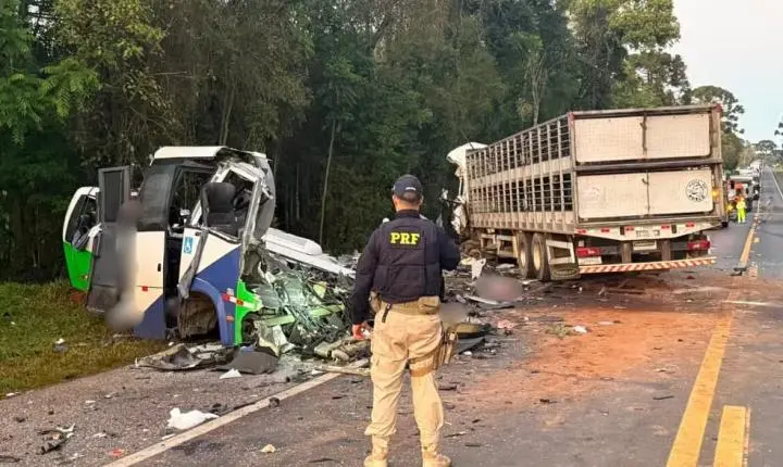 Acidente deixa 22 mortos e 5 feridos após colisão entre micro-ônibus e carreta 