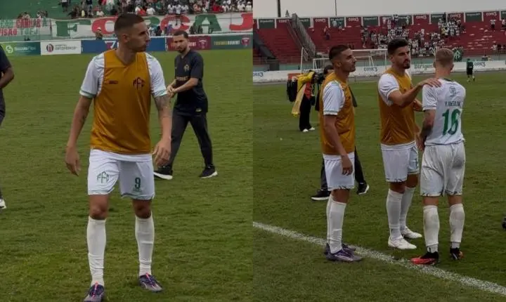Após não conseguir o acesso à Série A do Baianão, Thiago Galhardo consola jogadores do Feira no Joia da Princesa