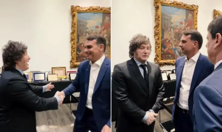 Com presença de Javier Milei, Flávio Bolsonaro oficializa candidatura à Presidência da República pelo PL