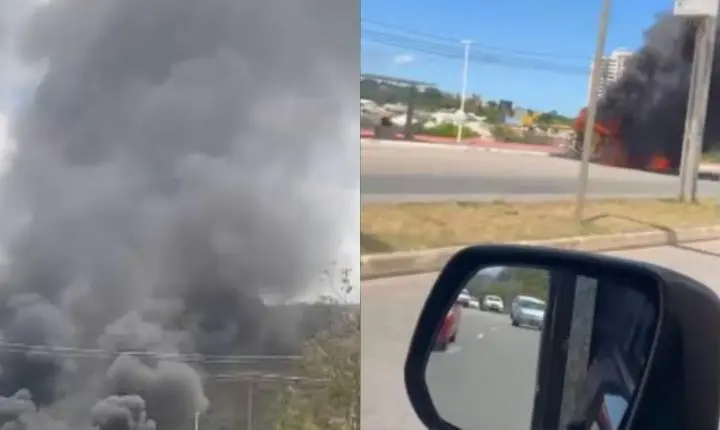 VÍDEO: Carreta pega fogo após explosão na Avenida Orlando Gomes, em Salvador